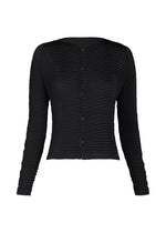 The SUEDE LIKE PLEATS by ISSEY MIYAKE is a black, long-sleeve button-up cardigan with a textured pleated finish, subtle suede-like sheen, fitted shape, and slightly cropped hem. - BLACK （no.15）