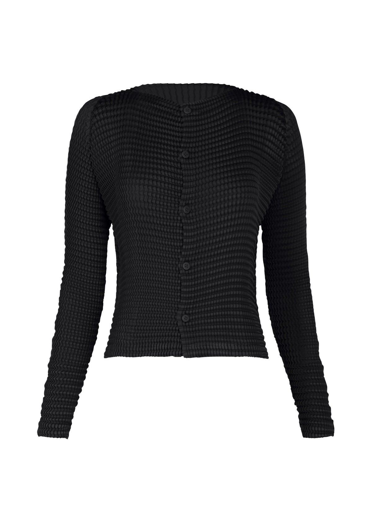 Zoomed view The SUEDE LIKE PLEATS by ISSEY MIYAKE is a black, long-sleeve button-up cardigan with a textured pleated finish, subtle suede-like sheen, fitted shape, and slightly cropped hem. - BLACK （no.15）