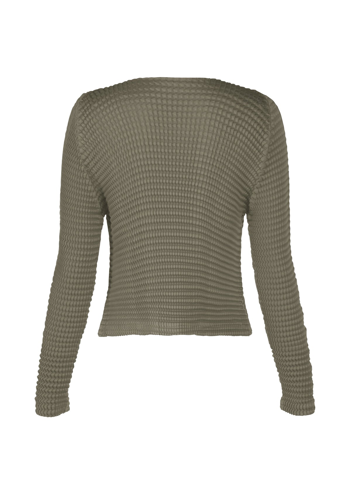 The SUEDE LIKE PLEATS by ISSEY MIYAKE is a fitted, textured olive-green top with long sleeves and a pleated pattern, viewed from the back, crafted from recycled polyester. view 4 of 7