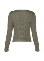 The SUEDE LIKE PLEATS by ISSEY MIYAKE is a fitted, textured olive-green top with long sleeves and a pleated pattern, viewed from the back, crafted from recycled polyester.