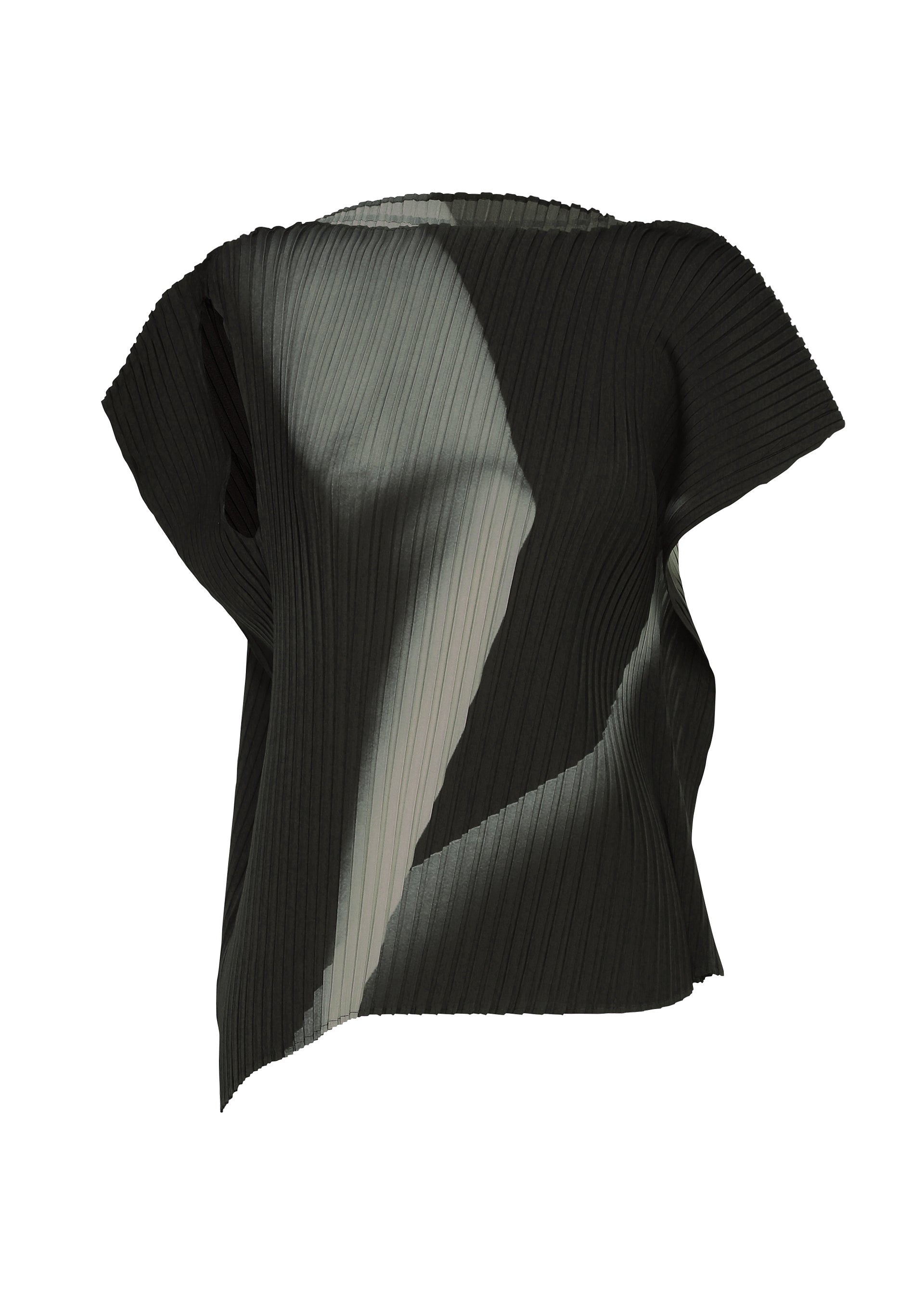 Zoomed view The HANDS OF LOVER PLEATS top by ISSEY MIYAKE is crafted from lightweight polyester crepe de chine in black, featuring an abstract, asymmetric gray and white gradient pattern reminiscent of monochrome film. With its pleated construction, uneven hem, and modern sculptural silhouette, this piece is presented against a plain white background. - BLACK-HUED （no.17）