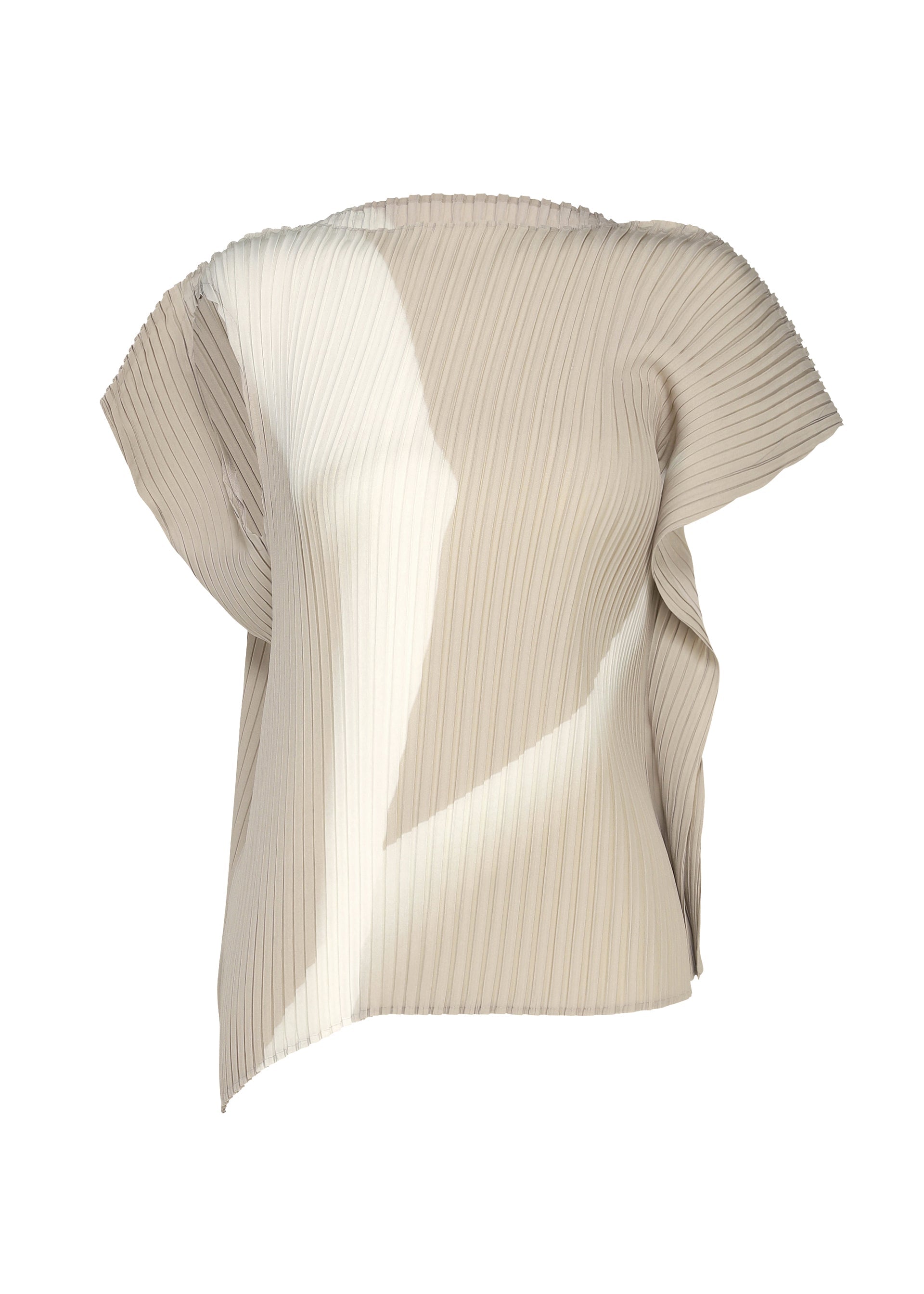 Zoomed view The HANDS OF LOVER PLEATS blouse by ISSEY MIYAKE is a beige, short-sleeve, asymmetrical top crafted from polyester crepe de chine, featuring allover pleats and a subtle white abstract pattern reminiscent of monochrome film on textured fabric. - BEIGE-HUED （no.46）