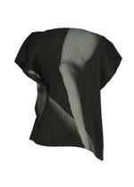 Introducing the HANDS OF LOVER PLEATS top by ISSEY MIYAKE: an asymmetrical, pleated black design featuring angular sleeves and a striking diagonal light gray and white gradient across the front, inspired by monochrome film motifs. Expertly crafted from polyester crepe de chine with precision inkjet printing for a bold visual statement.