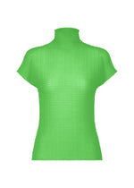 The WOOLY PLEATS-68 by ISSEY MIYAKE is a bright green, short-sleeved, stretchy high-neck women's top with a semi-sheer grid pattern, shown on a plain white background for a modern look and comfortable fit. - GREEN （no.62）