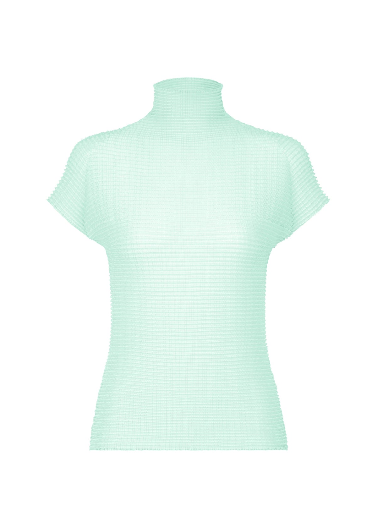 The ISSEY MIYAKE WOOLY PLEATS-68 is a light mint green, short-sleeve ribbed turtleneck top in recycled polyester with a slightly sheer, textured pattern, displayed on a plain white background. view 2 of 6