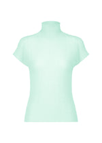 The ISSEY MIYAKE WOOLY PLEATS-68 is a light mint green, short-sleeve ribbed turtleneck top in recycled polyester with a slightly sheer, textured pattern, displayed on a plain white background. - LIGHT BLUE （no.71）