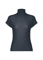 A digital rendering of the ISSEY MIYAKE WOOLY PLEATS-68, a black, stretchy high-neck top with French sleeves and a textured grid pattern in recycled polyester, displayed against a plain white background. - DARK NAVY （no.78）