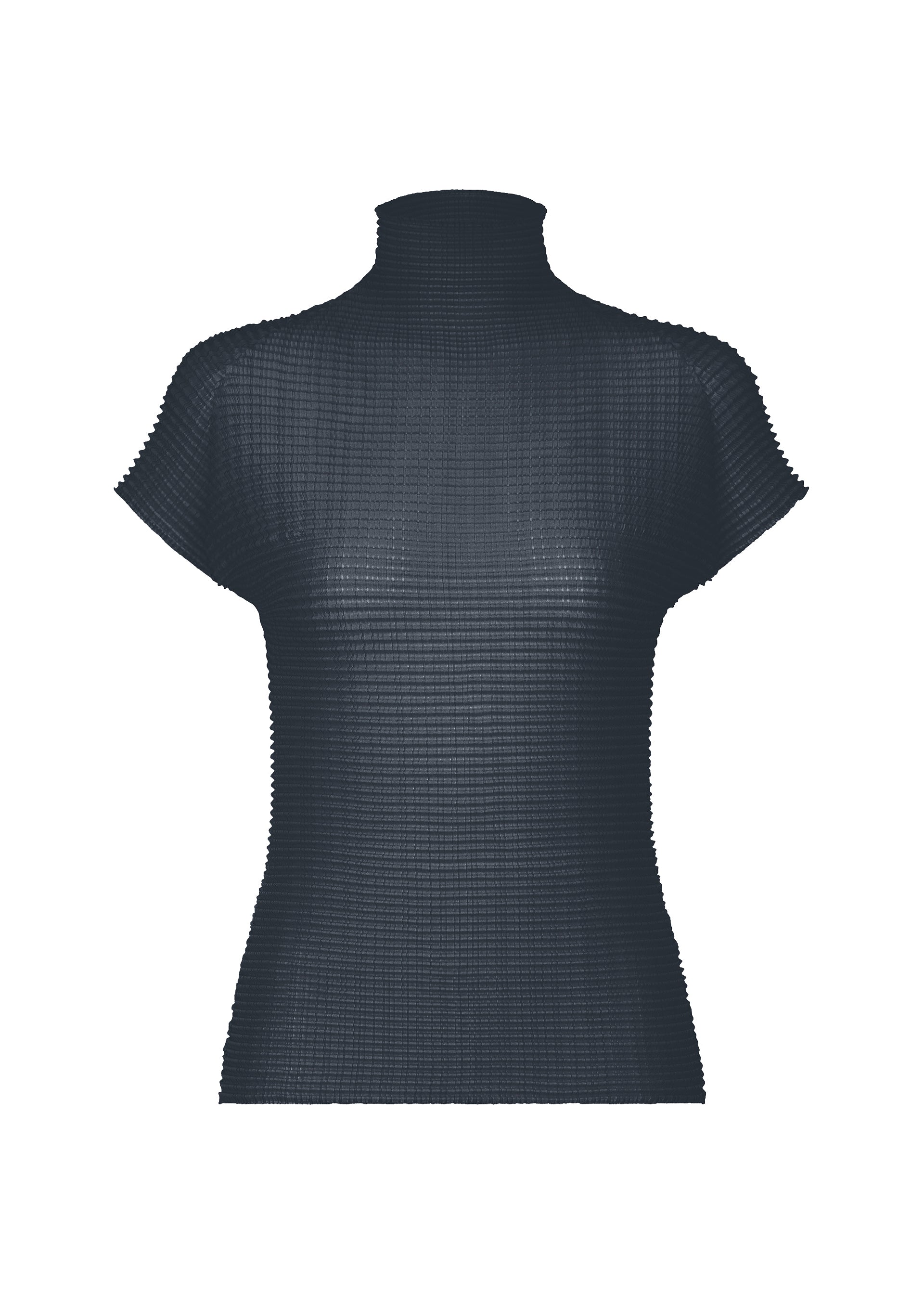 Zoomed view A digital rendering of the ISSEY MIYAKE WOOLY PLEATS-68, a black, stretchy high-neck top with French sleeves and a textured grid pattern in recycled polyester, displayed against a plain white background. - DARK NAVY （no.78）