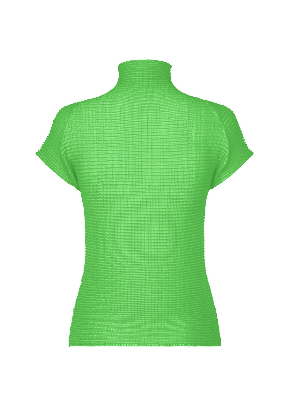 The WOOLY PLEATS-68 by ISSEY MIYAKE is a bright green, stretchy high-neck top with French sleeves and ribbed knit texture in recycled polyester. The shirt features a turtleneck and is shown from the back on a white background. view 4 of 6