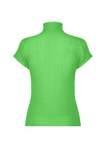 The WOOLY PLEATS-68 by ISSEY MIYAKE is a bright green, stretchy high-neck top with French sleeves and ribbed knit texture in recycled polyester. The shirt features a turtleneck and is shown from the back on a white background.