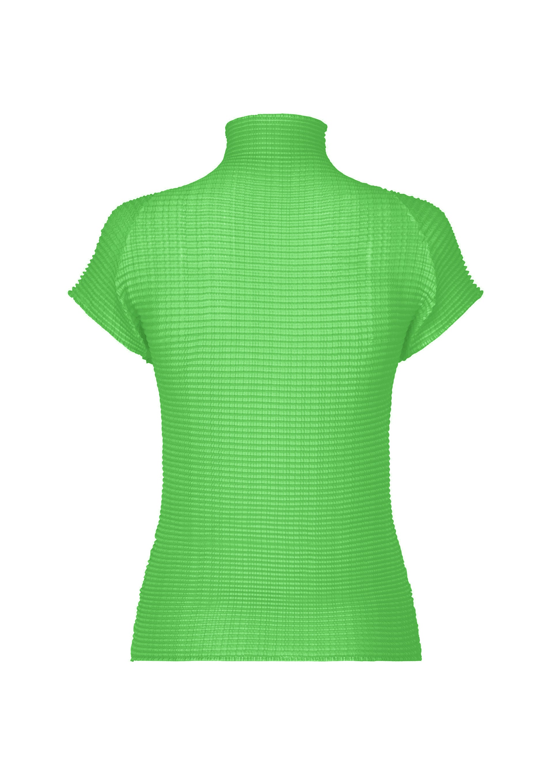 Zoomed view The WOOLY PLEATS-68 by ISSEY MIYAKE is a bright green, stretchy high-neck top with French sleeves and ribbed knit texture in recycled polyester. The shirt features a turtleneck and is shown from the back on a white background.
