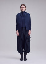 A person faces forward in a plain, light background, wearing ISSEY MIYAKE's WOOLY PLEATS-68 navy checkered pleated cardigan over a turtleneck, with loose dark cargo pants and black socks.