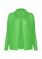 A digital rendering of the ISSEY MIYAKE WOOLY PLEATS-68, a green textured long-sleeve pleated cardigan with a collar made from recycled polyester, shown on a white background. - GREEN （no.62）