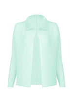 The ISSEY MIYAKE WOOLY PLEATS-68 is a light mint green, long-sleeved, open-front pleated cardigan with a ribbed texture and classic collar, made from recycled polyester and shown on a plain white background. - LIGHT BLUE （no.71）
