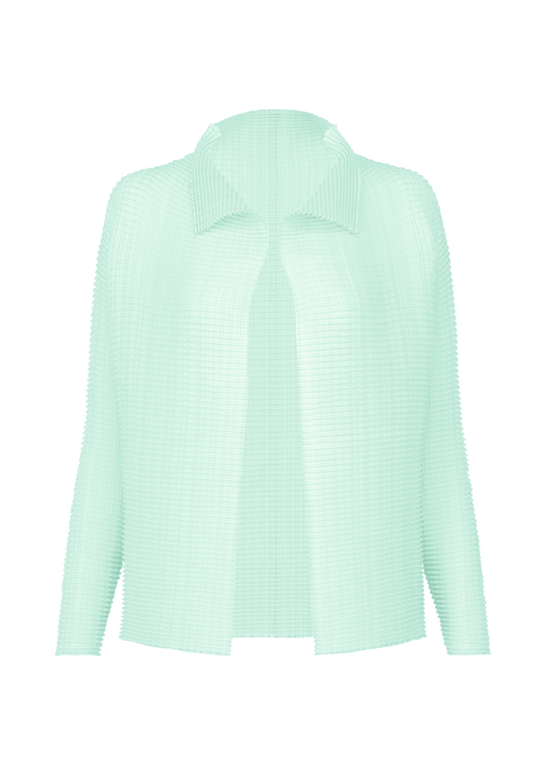 Zoomed view The ISSEY MIYAKE WOOLY PLEATS-68 is a light mint green, long-sleeved, open-front pleated cardigan with a ribbed texture and classic collar, made from recycled polyester and shown on a plain white background. - LIGHT BLUE （no.71）