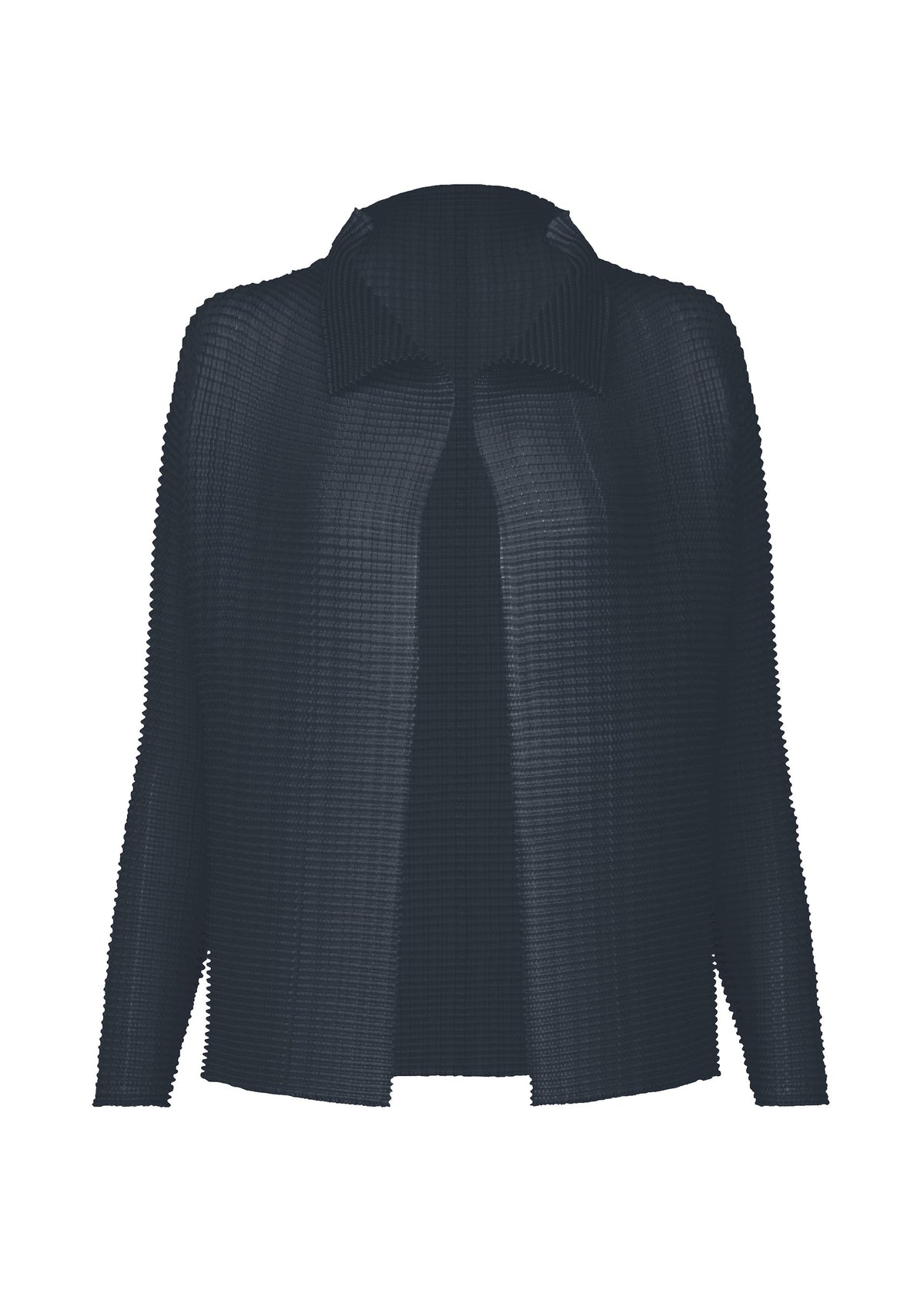 The WOOLY PLEATS-68 by ISSEY MIYAKE is a navy blue, textured, long-sleeve open-front stretchy cardigan with a wide collar and straight hem, showcased against a white background. view 3 of 6