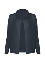 The WOOLY PLEATS-68 by ISSEY MIYAKE is a navy blue, textured, long-sleeve open-front stretchy cardigan with a wide collar and straight hem, showcased against a white background. - DARK NAVY （no.78）