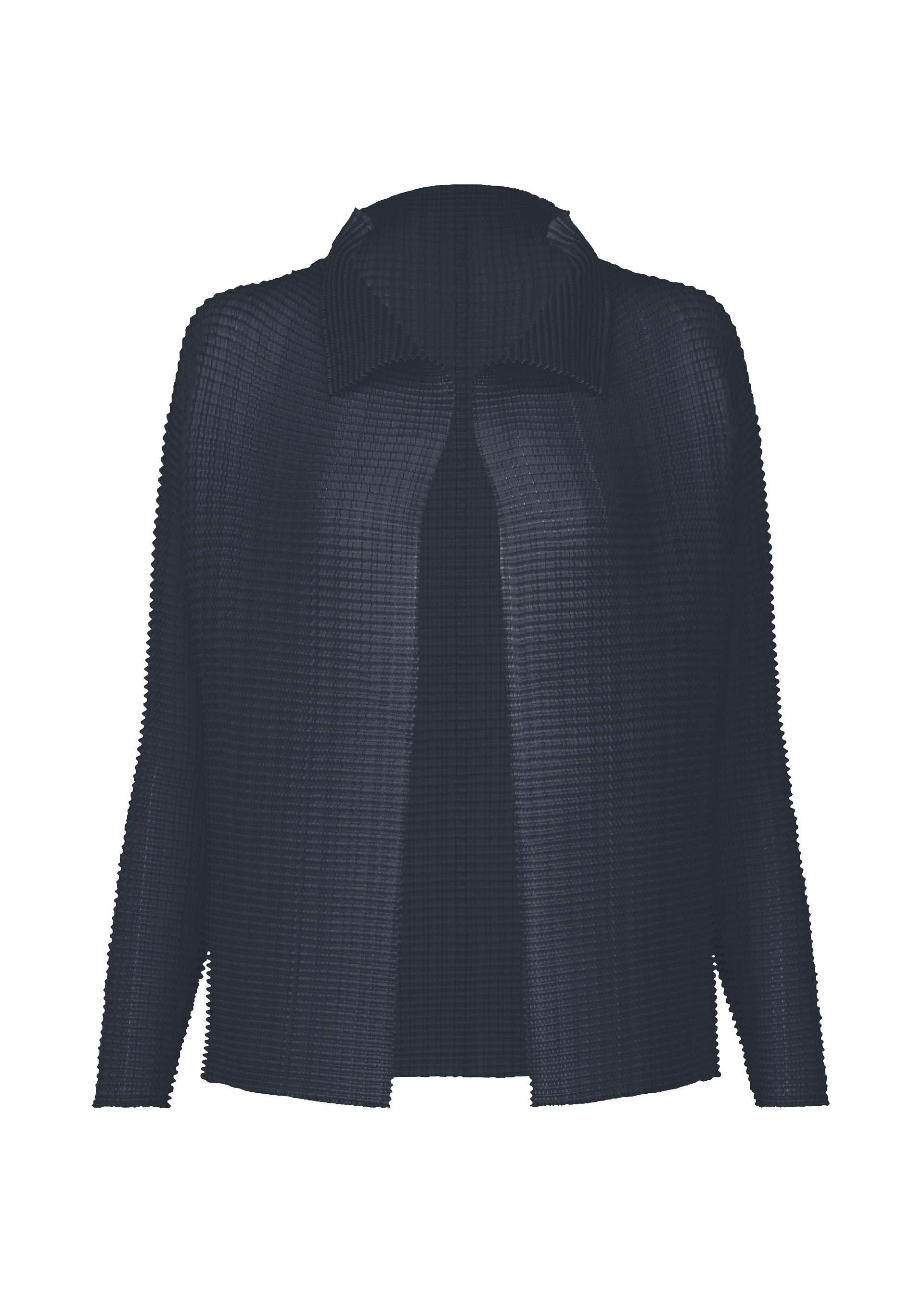 Zoomed view The WOOLY PLEATS-68 by ISSEY MIYAKE is a navy blue, textured, long-sleeve open-front stretchy cardigan with a wide collar and straight hem, showcased against a white background. - DARK NAVY （no.78）