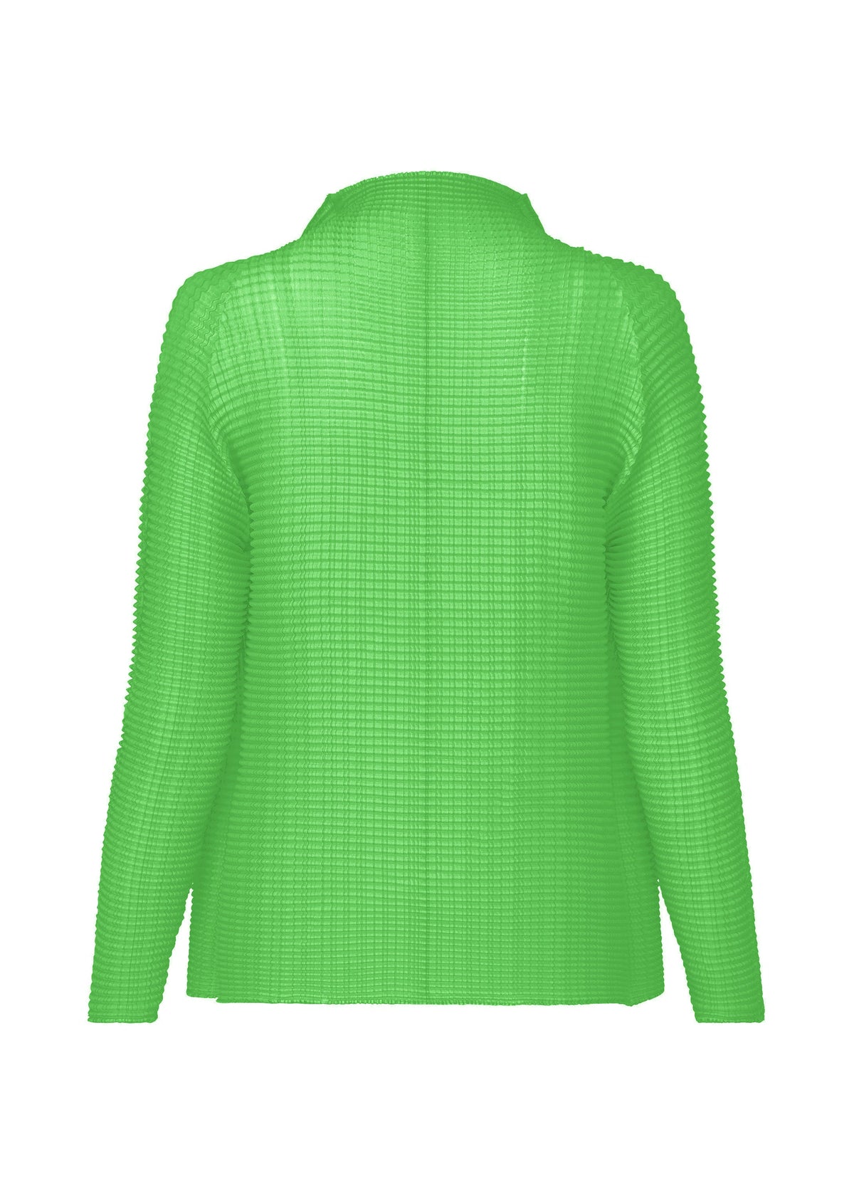The WOOLY PLEATS-68 by ISSEY MIYAKE is a long-sleeved, bright green textured sweater with a ribbed pattern and straight hem, crafted from recycled polyester and shown from the back against a white background. view 4 of 6