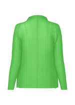 The WOOLY PLEATS-68 by ISSEY MIYAKE is a long-sleeved, bright green textured sweater with a ribbed pattern and straight hem, crafted from recycled polyester and shown from the back against a white background.