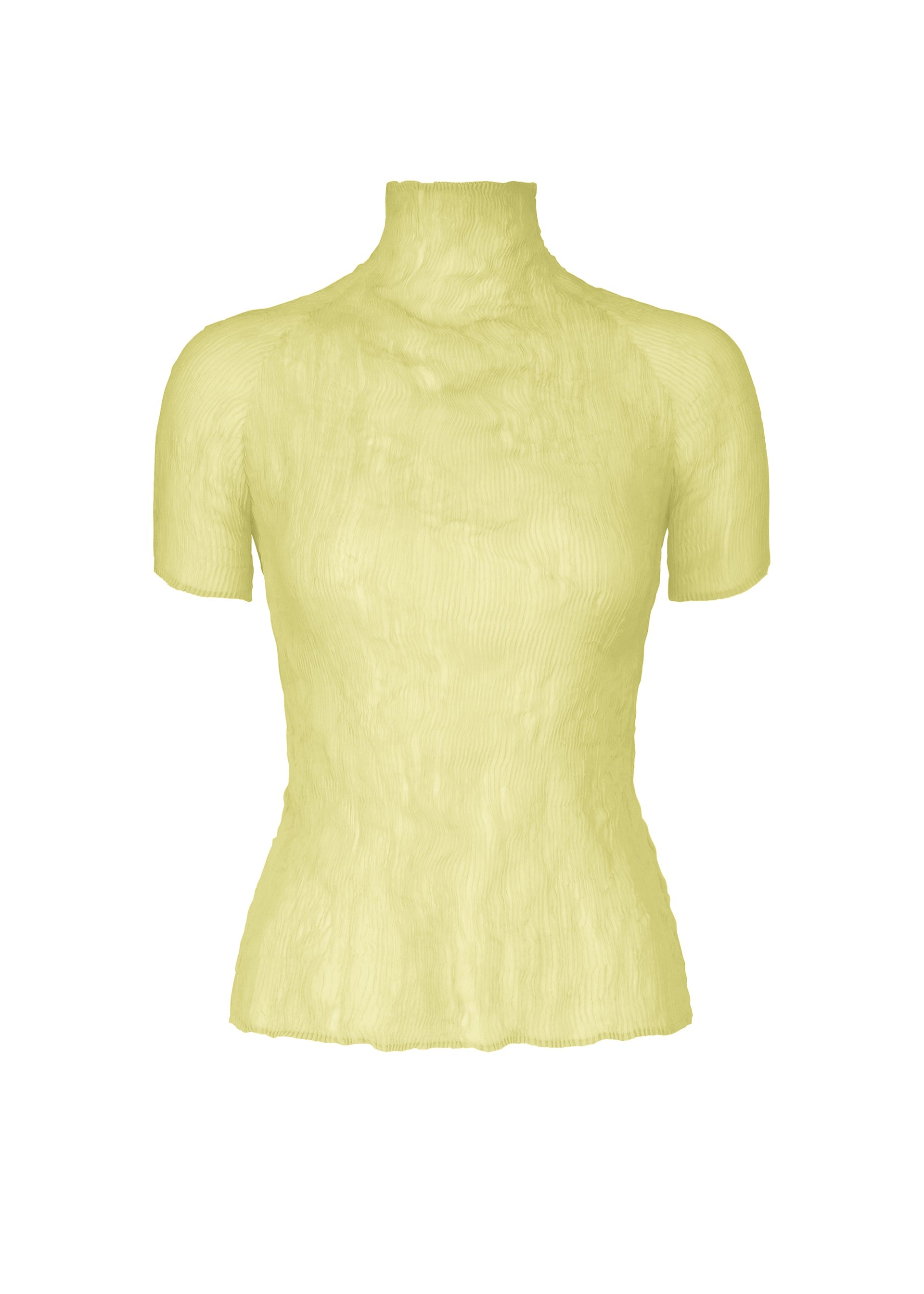 Zoomed view The CHIFFON TWIST 1 by ISSEY MIYAKE is a light yellow, short-sleeve sheer high-neck women's top with a textured, slightly crinkled recycled polyester fabric and a fitted silhouette, shown on a plain white background. - DULL CREAM （no.50）