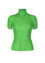 The CHIFFON TWIST 1 by ISSEY MIYAKE is a bright green, fitted pleated sheer top in recycled polyester with short sleeves, high neck, textured pattern, subtly flared hem, and no visible fastenings or embellishments. - GREEN （no.62）