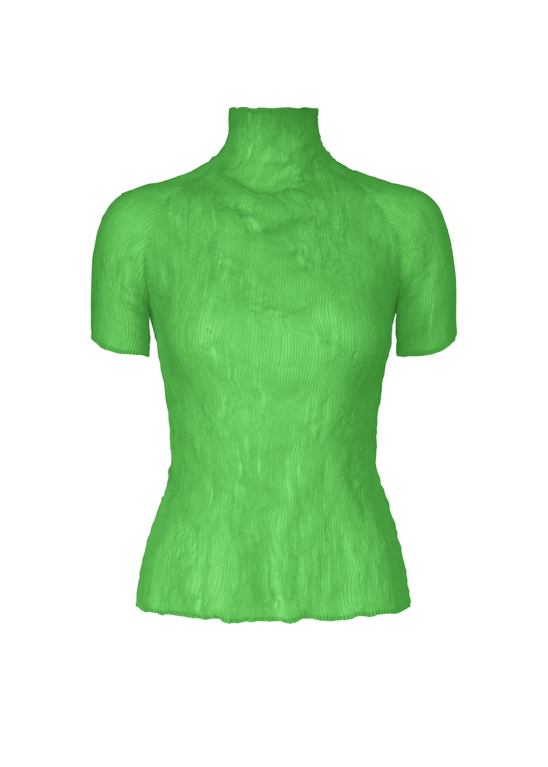 Zoomed view The CHIFFON TWIST 1 by ISSEY MIYAKE is a bright green, fitted pleated sheer top in recycled polyester with short sleeves, high neck, textured pattern, subtly flared hem, and no visible fastenings or embellishments. - GREEN （no.62）