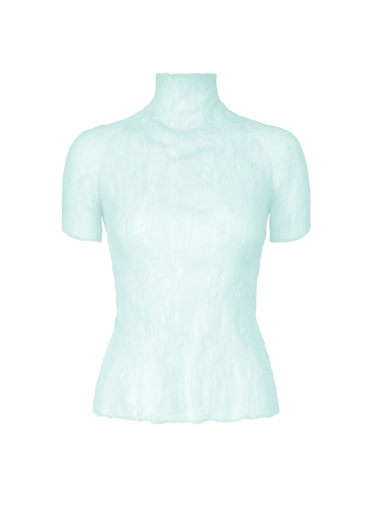 The CHIFFON TWIST 1 by ISSEY MIYAKE is a light blue, short-sleeve sheer high-neck top with a fitted silhouette and subtle wavy pattern, made from recycled polyester and shown on a white background. view 3 of 7
