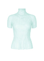 The CHIFFON TWIST 1 by ISSEY MIYAKE is a light blue, short-sleeve sheer high-neck top with a fitted silhouette and subtle wavy pattern, made from recycled polyester and shown on a white background. - LIGHT BLUE （no.71）
