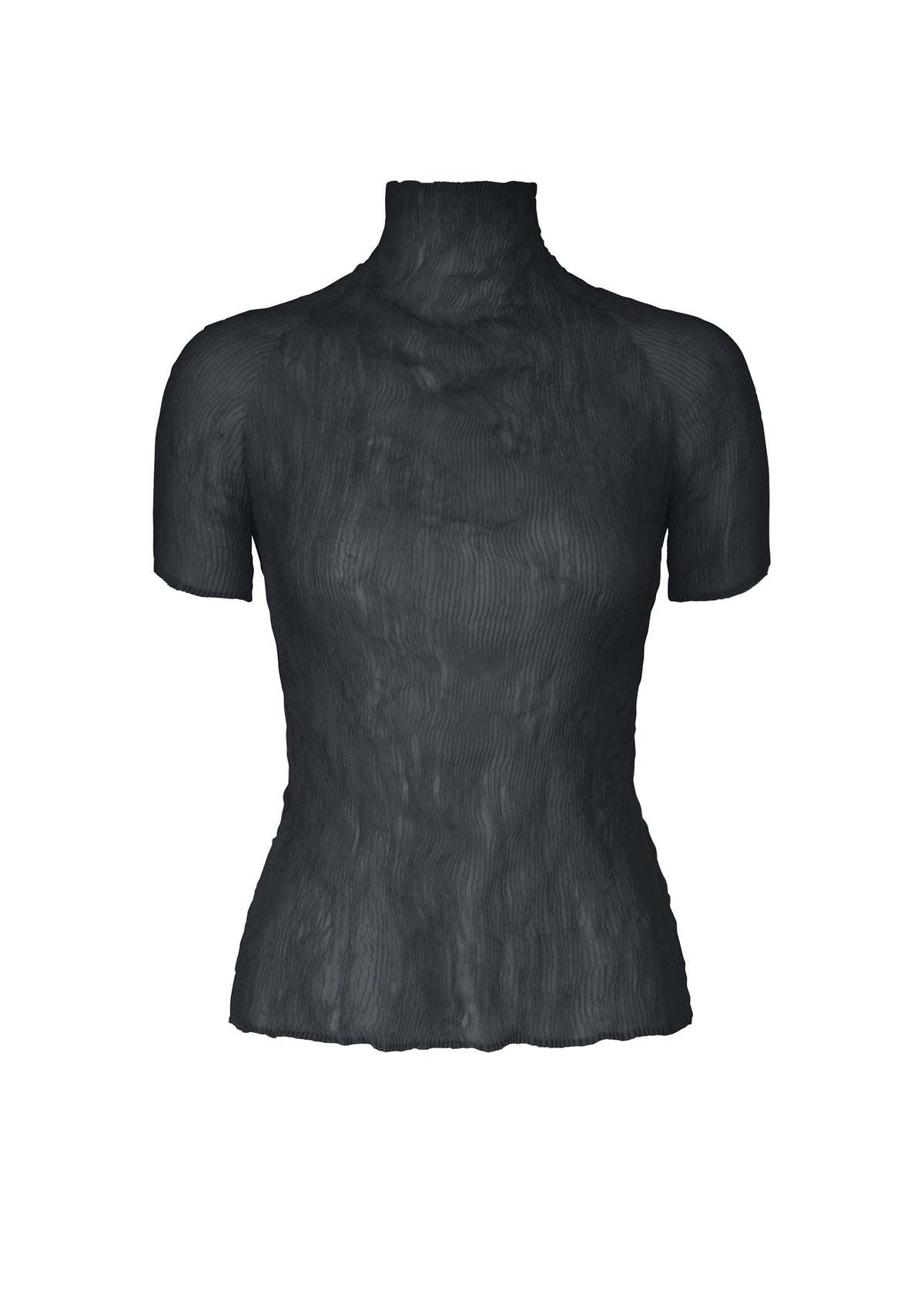 ISSEY MIYAKE’s CHIFFON TWIST 1 is a black, short-sleeve women’s top with a high neck and flared hem, crafted from recycled polyester in crinkled fabric, shown against a white background. view 4 of 7
