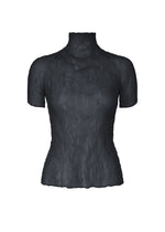ISSEY MIYAKE’s CHIFFON TWIST 1 is a black, short-sleeve women’s top with a high neck and flared hem, crafted from recycled polyester in crinkled fabric, shown against a white background. - DARK NAVY （no.78）