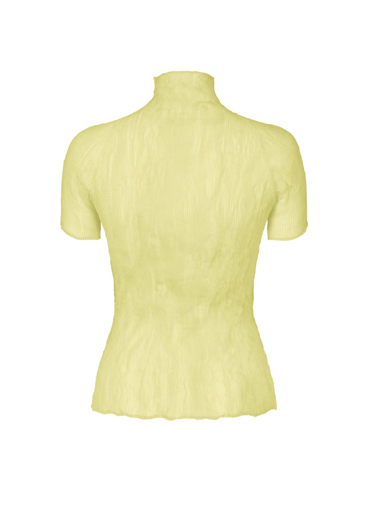 Back view of ISSEY MIYAKE's CHIFFON TWIST 1: a light yellow, short-sleeve pleated top with a high neckline, subtly crinkled fabric, wavy hem and sleeves. Crafted from recycled polyester for an eco-friendly touch. view 5 of 7