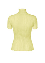Back view of ISSEY MIYAKE's CHIFFON TWIST 1: a light yellow, short-sleeve pleated top with a high neckline, subtly crinkled fabric, wavy hem and sleeves. Crafted from recycled polyester for an eco-friendly touch.