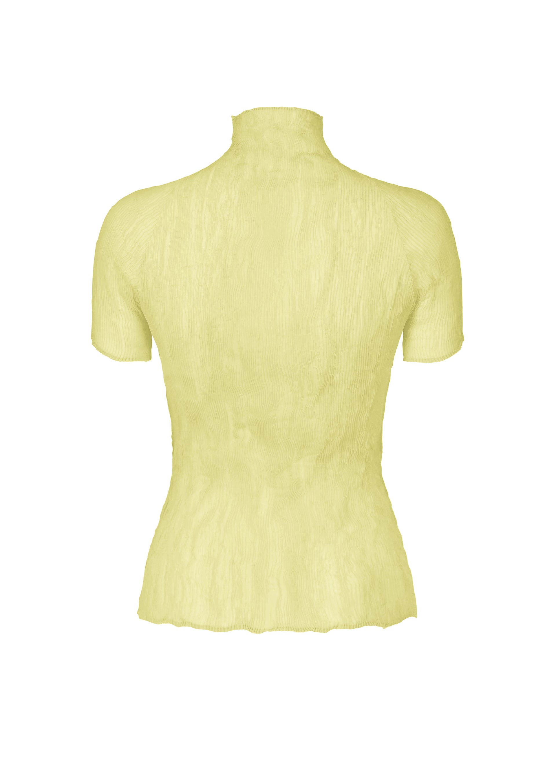 Zoomed view Back view of ISSEY MIYAKE's CHIFFON TWIST 1: a light yellow, short-sleeve pleated top with a high neckline, subtly crinkled fabric, wavy hem and sleeves. Crafted from recycled polyester for an eco-friendly touch.