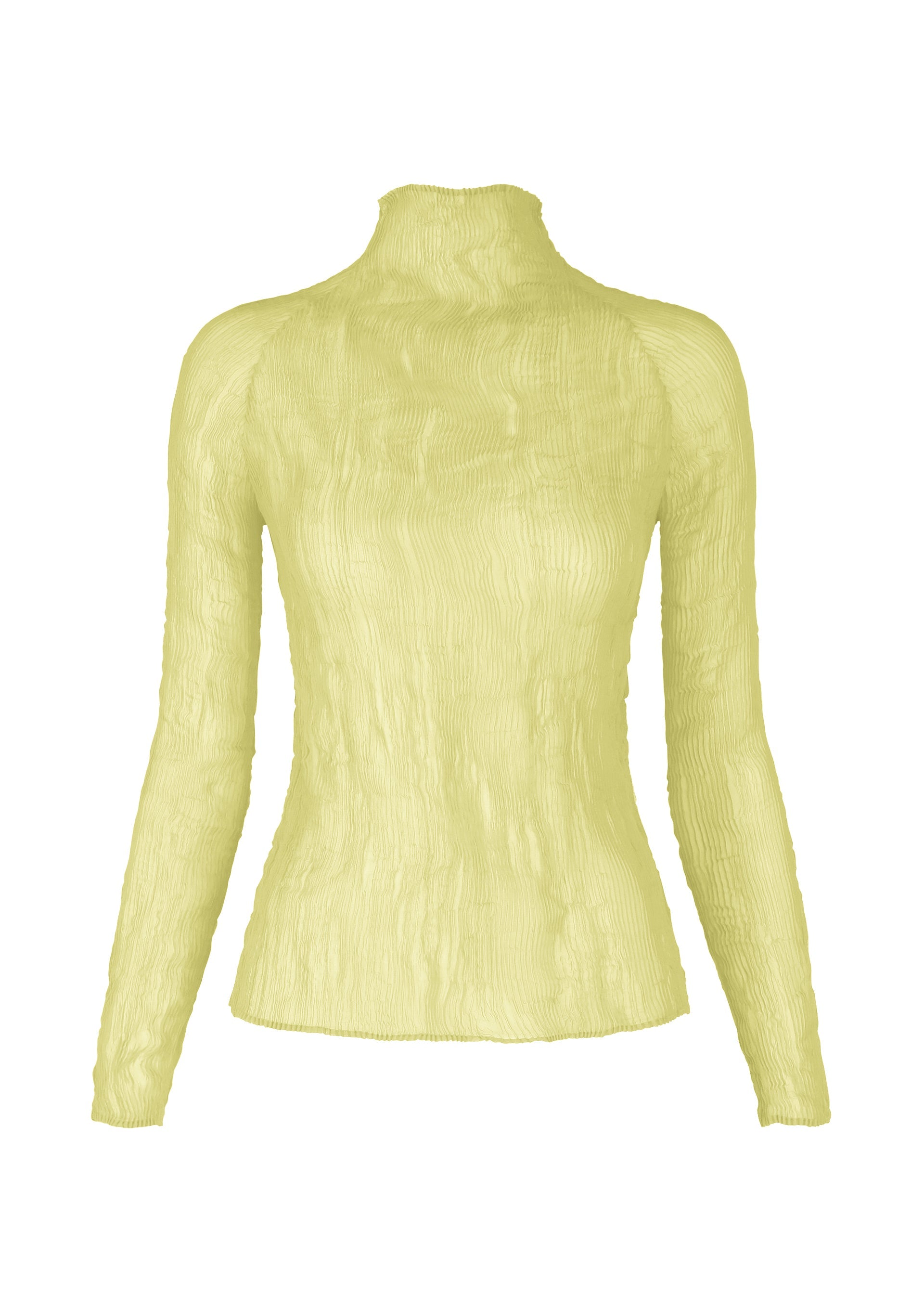 Zoomed view The ISSEY MIYAKE CHIFFON TWIST 1 is a long-sleeved, light yellow high-neck top crafted from recycled polyester with a textured, crinkled finish, shown against a plain white background. - DULL CREAM （no.50）