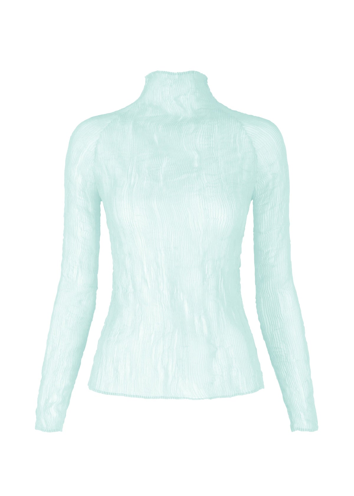 The ISSEY MIYAKE CHIFFON TWIST 1 is a light blue high-neck top made from sheer, crinkled recycled polyester, featuring elegant long sleeves and shown against a white background. view 3 of 7