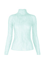 The ISSEY MIYAKE CHIFFON TWIST 1 is a light blue high-neck top made from sheer, crinkled recycled polyester, featuring elegant long sleeves and shown against a white background. - LIGHT BLUE （no.71）