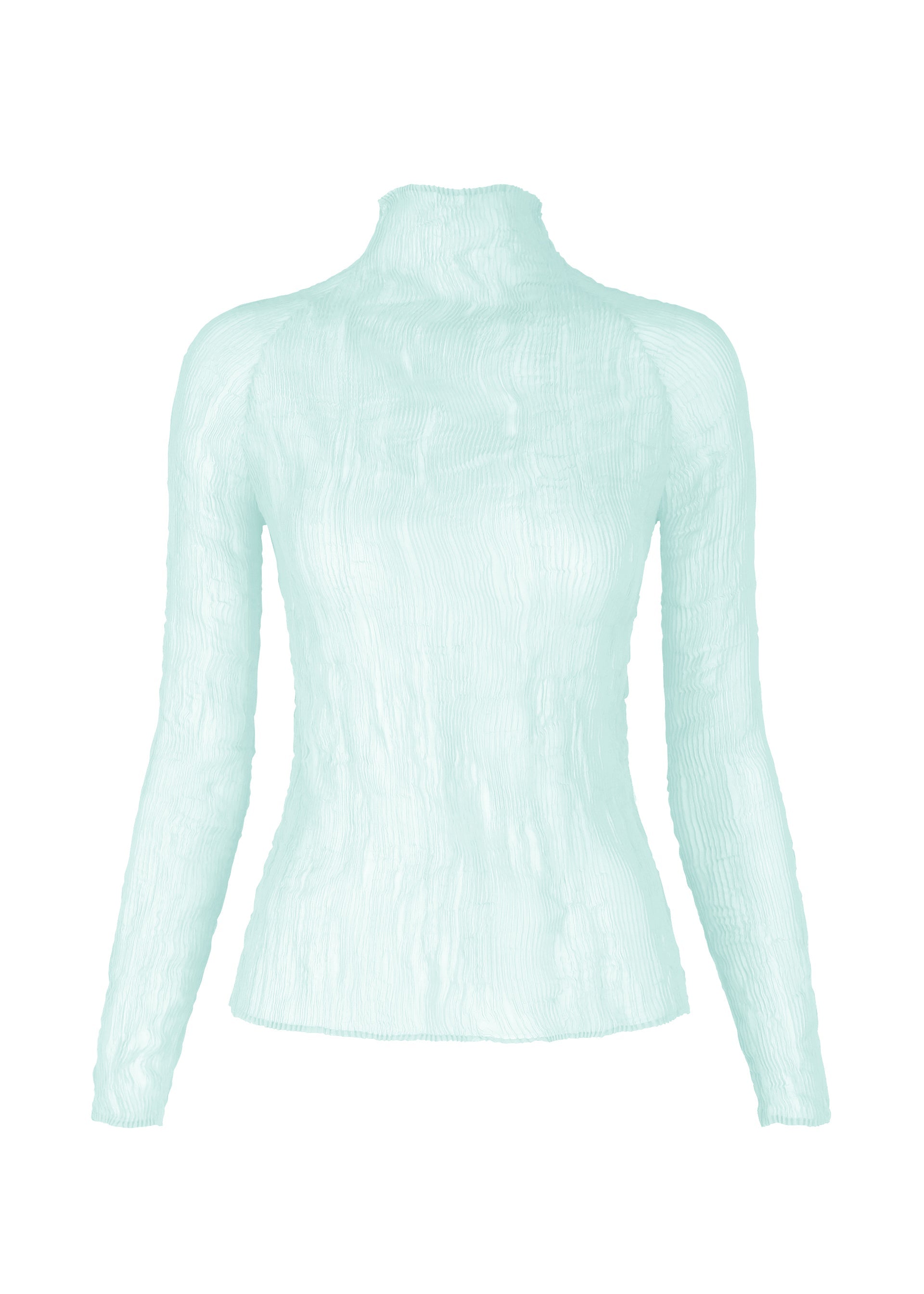 Zoomed view The ISSEY MIYAKE CHIFFON TWIST 1 is a light blue high-neck top made from sheer, crinkled recycled polyester, featuring elegant long sleeves and shown against a white background. - LIGHT BLUE （no.71）