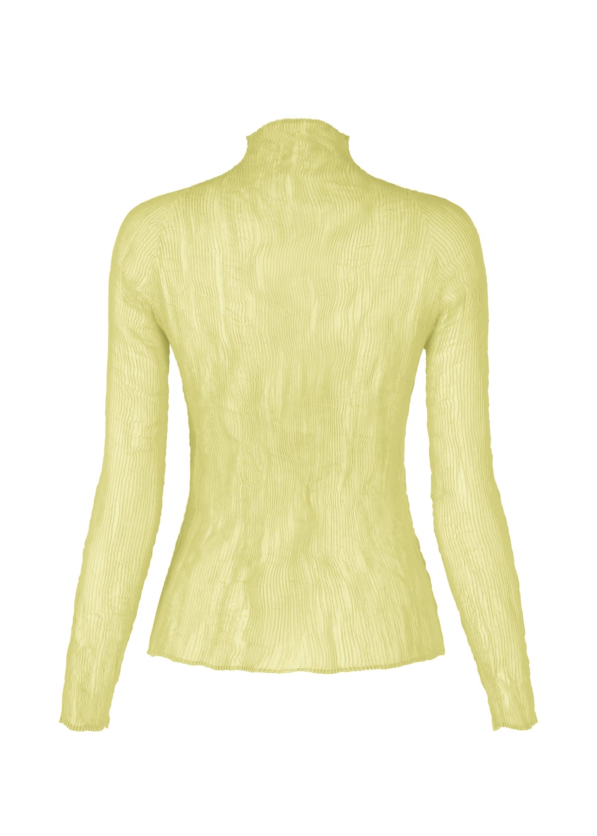 The CHIFFON TWIST 1 high-neck, long-sleeved top by ISSEY MIYAKE is shown from the back in light yellow textured recycled polyester against a white background. view 5 of 7