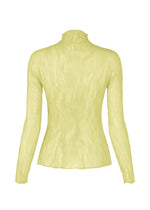 The CHIFFON TWIST 1 high-neck, long-sleeved top by ISSEY MIYAKE is shown from the back in light yellow textured recycled polyester against a white background.