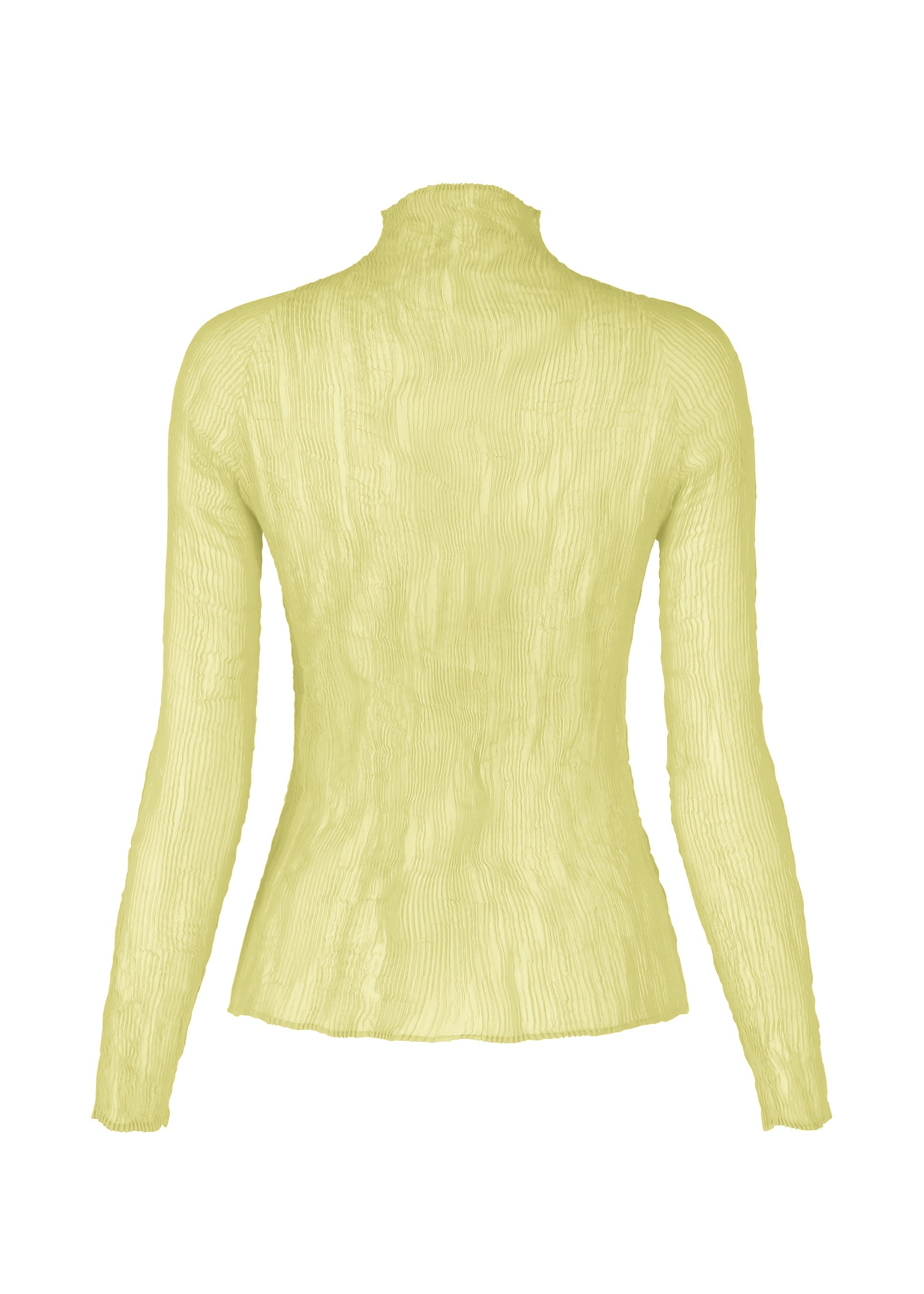 Zoomed view The CHIFFON TWIST 1 high-neck, long-sleeved top by ISSEY MIYAKE is shown from the back in light yellow textured recycled polyester against a white background.