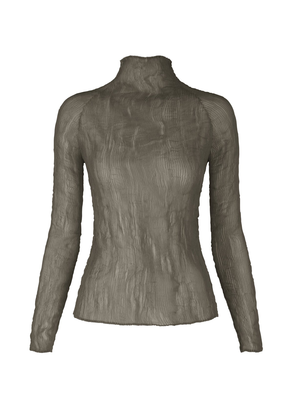 Zoomed view The CHIFFON TWIST 2 by ISSEY MIYAKE is a long-sleeve, high-neck top in textured, semi-sheer gray recycled polyester, shown on a plain white background. - GRAY （no.12）