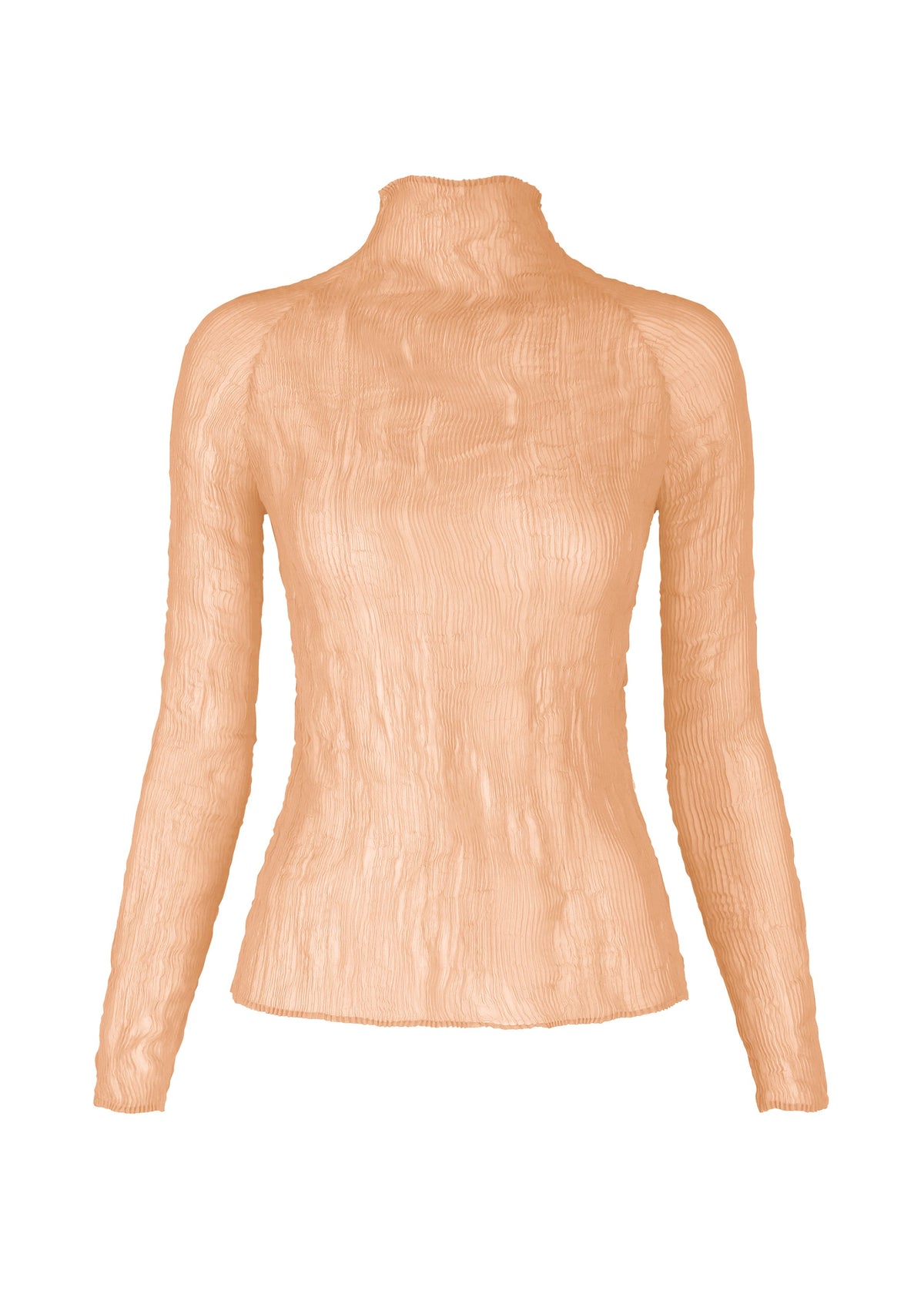 CHIFFON TWIST 2 by ISSEY MIYAKE: a long-sleeve, high-neck top in light beige recycled polyester with a textured, fitted silhouette, shown on a plain white background. view 2 of 7