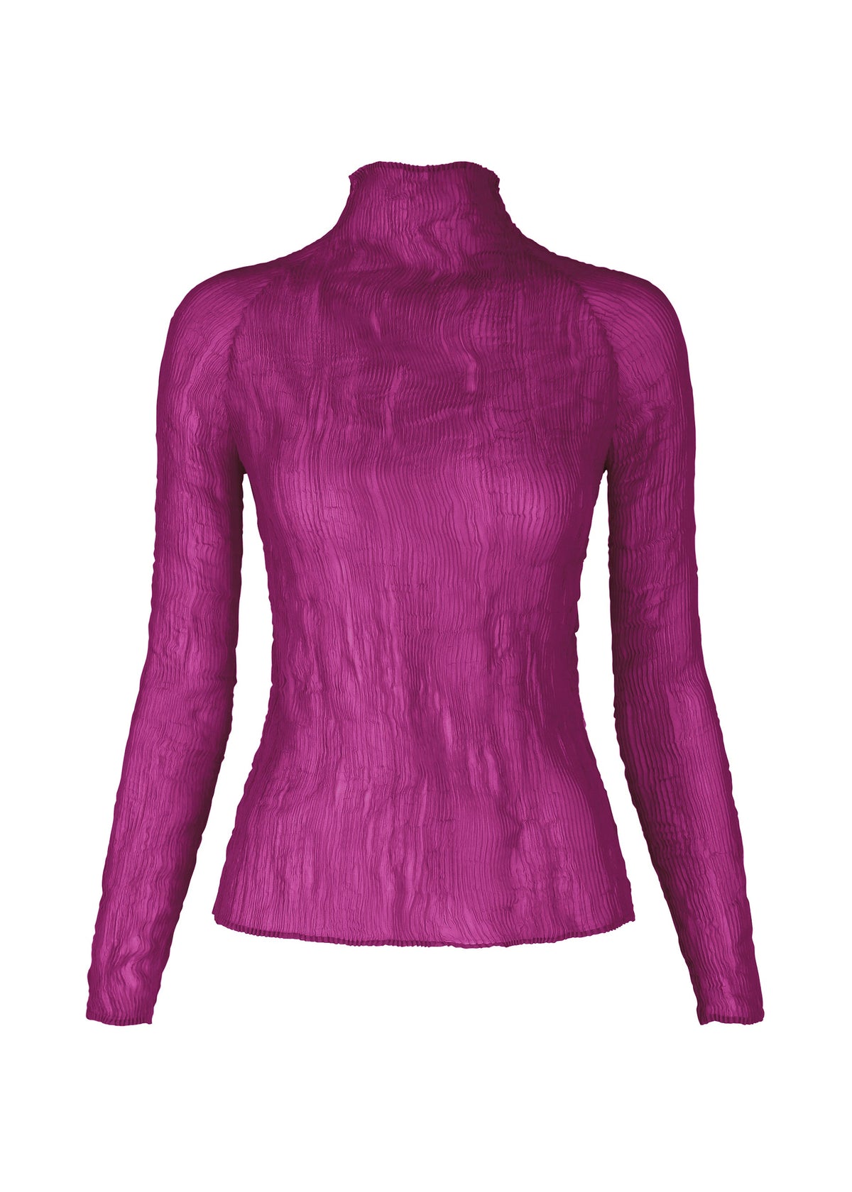 Zoomed view The CHIFFON TWIST 2 by ISSEY MIYAKE is a magenta long-sleeve high-neck top with a fitted, crinkled texture made from recycled polyester, shown against a plain white background. - PURPLE （no.81）