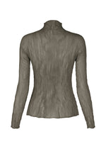 The CHIFFON TWIST 2 by ISSEY MIYAKE is a taupe-gray sheer top with long sleeves and a high neck, made from textured recycled polyester, shown from the back against a white background.