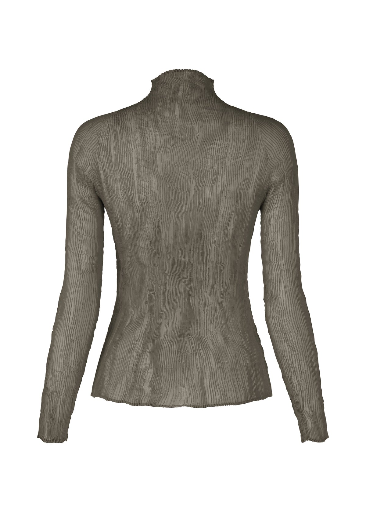 Zoomed view The CHIFFON TWIST 2 by ISSEY MIYAKE is a taupe-gray sheer top with long sleeves and a high neck, made from textured recycled polyester, shown from the back against a white background.