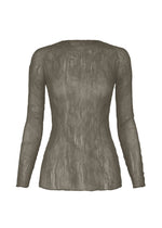 The ISSEY MIYAKE CHIFFON TWIST 2 is a sheer, long-sleeved, fitted pleated top made from recycled polyester with a textured, crinkled finish, shown against a plain white background. - GRAY （no.12）