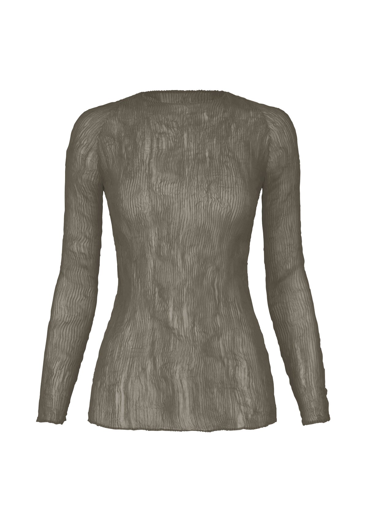 Zoomed view The ISSEY MIYAKE CHIFFON TWIST 2 is a sheer, long-sleeved, fitted pleated top made from recycled polyester with a textured, crinkled finish, shown against a plain white background. - GRAY （no.12）