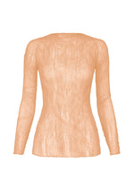 CHIFFON TWIST 2 by ISSEY MIYAKE: A beige, pleated top with long sheer sleeves and a fitted silhouette, made from recycled polyester, shown on a plain white background. - LIGHT PINK （no.21）