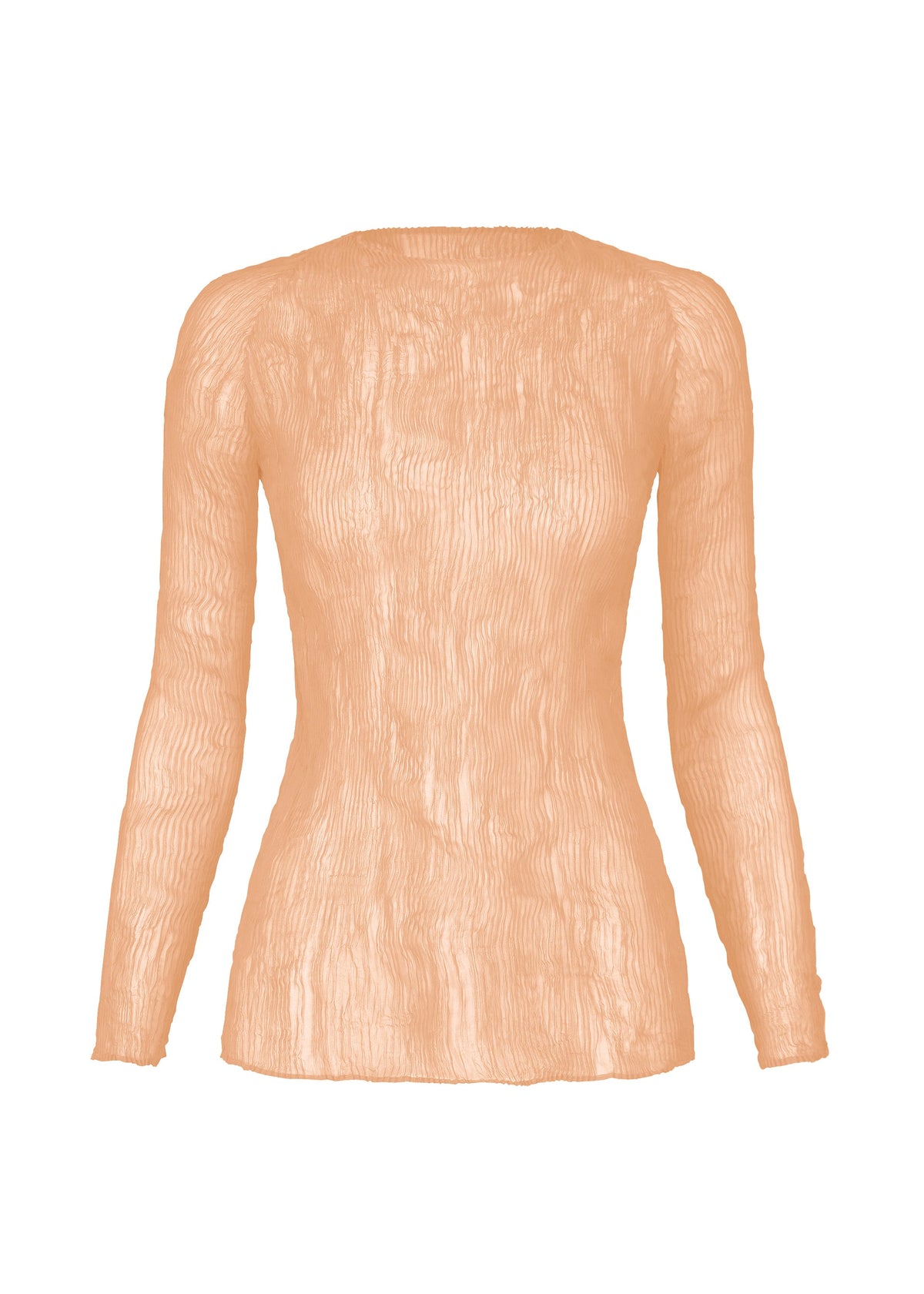 Zoomed view CHIFFON TWIST 2 by ISSEY MIYAKE: A beige, pleated top with long sheer sleeves and a fitted silhouette, made from recycled polyester, shown on a plain white background. - LIGHT PINK （no.21）